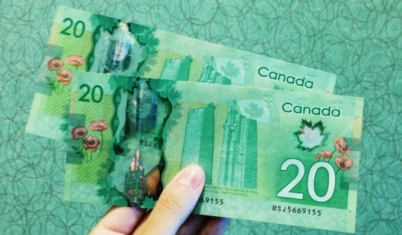 person holding two 20 Canadian dollar banknotes